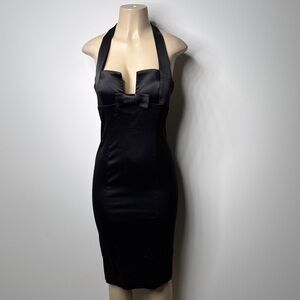 bebe Black Satin Halter Mini Dress with Bow Detail